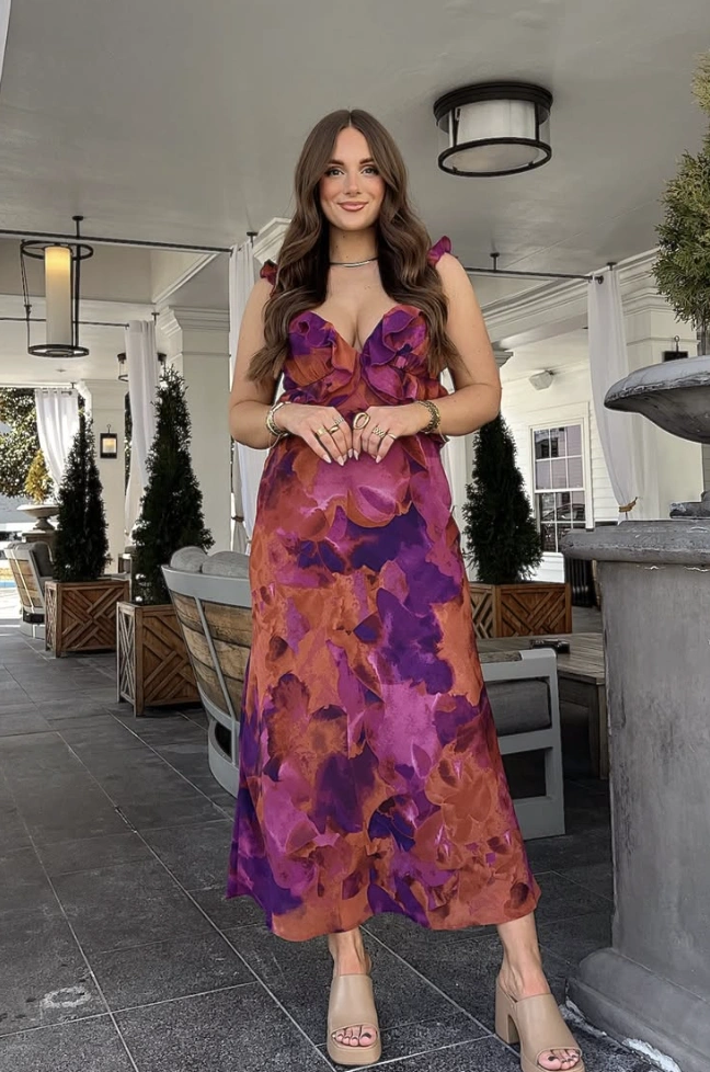 Floral Midi Dress + Platform Sandals + Gold Jewelry