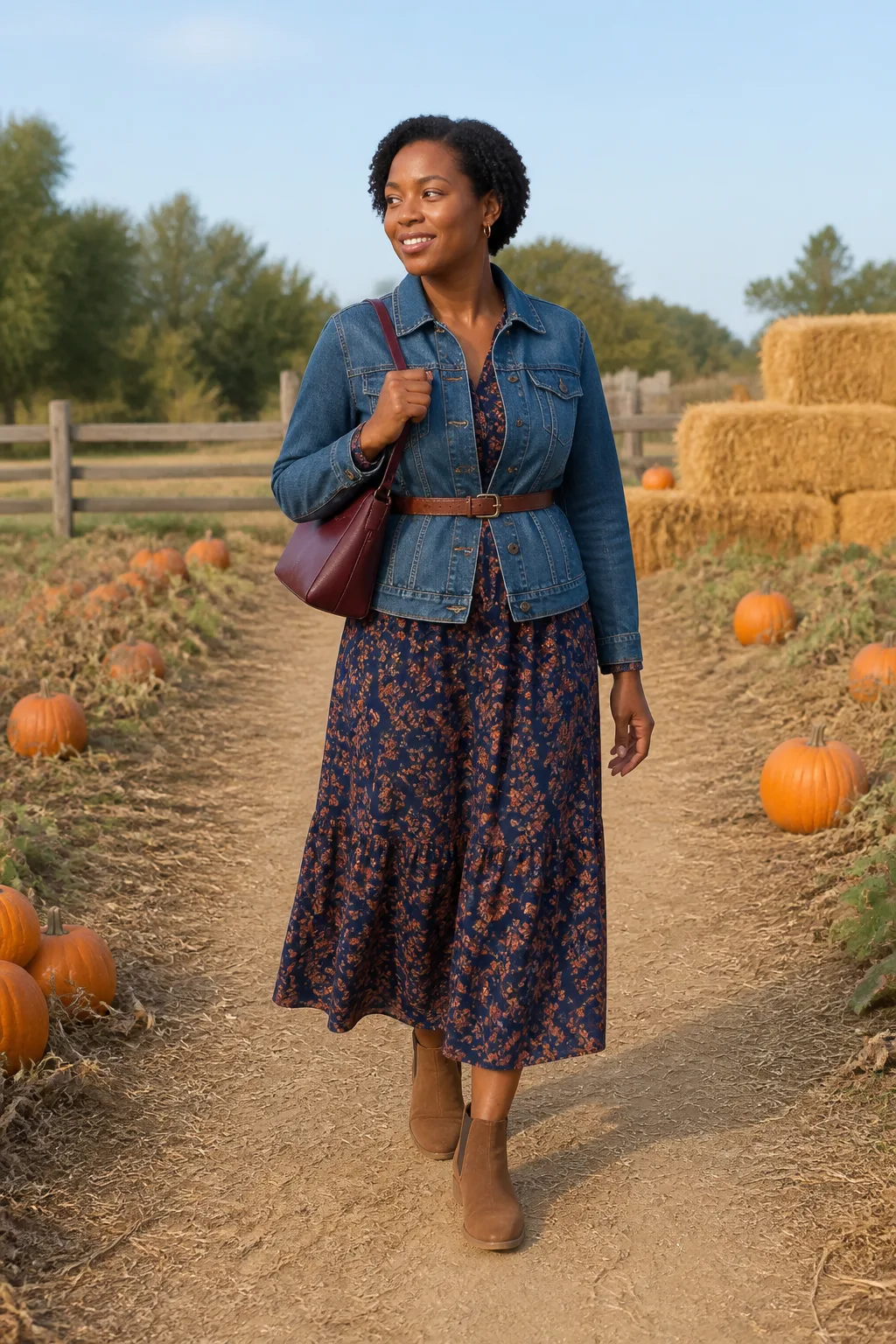 Floral Midi Dress with Denim Jacket and Suede Boots