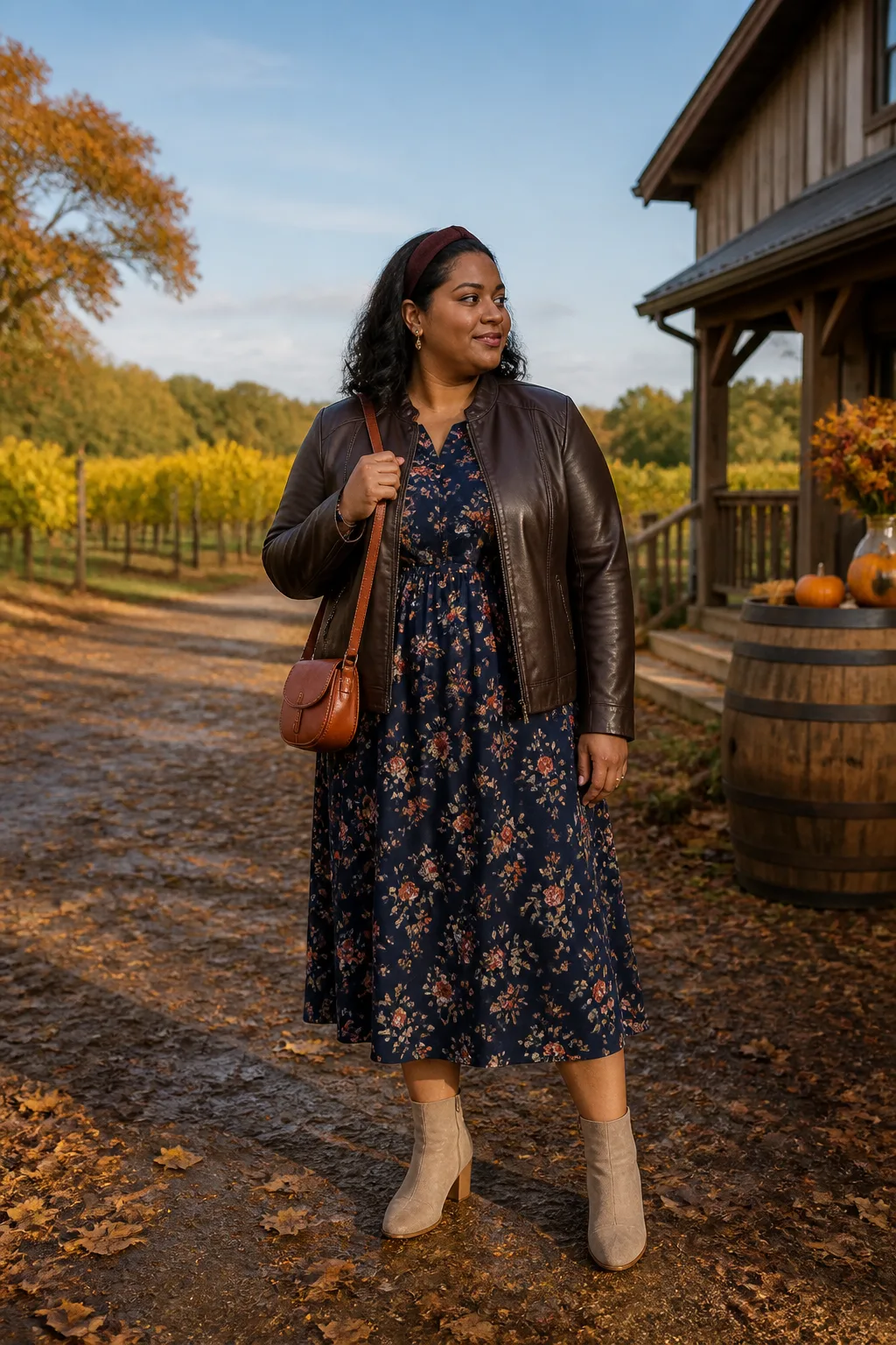 Floral Midi Dress with Leather Jacket