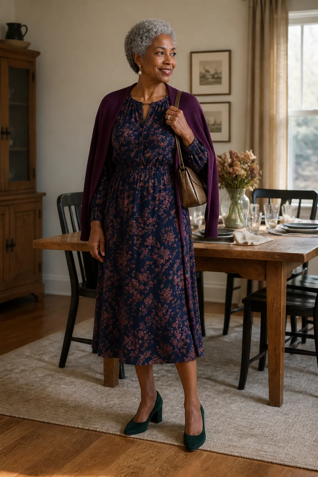 Floral Midi Dress with Plum Cardigan
