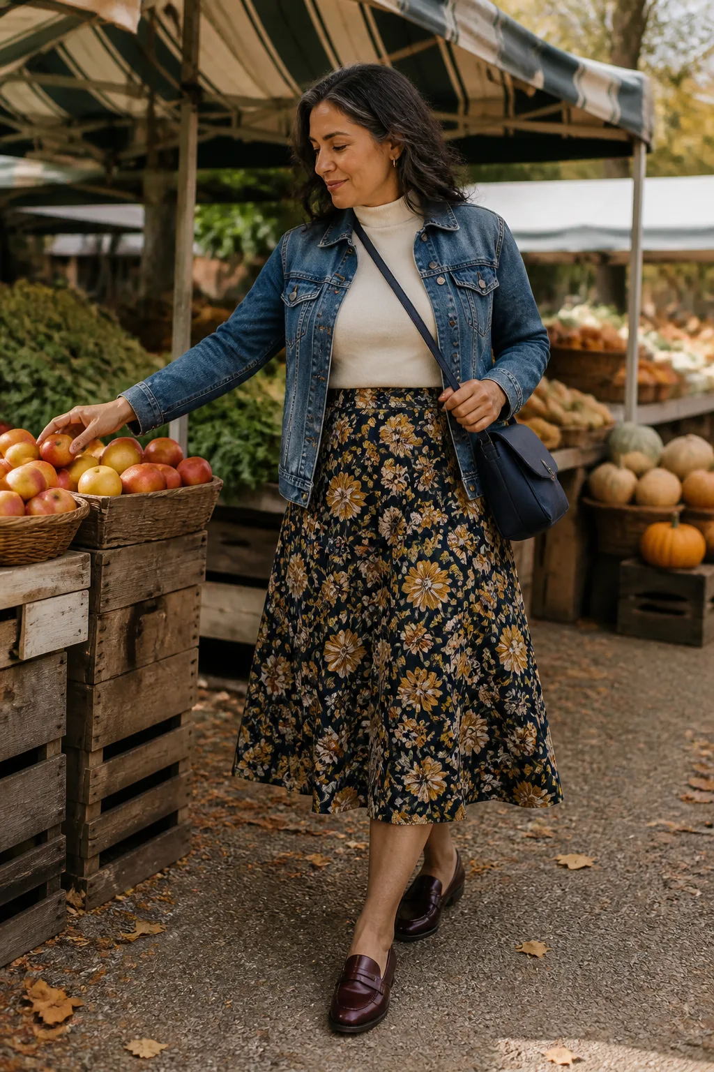 Floral Midi Skirt, Denim Jacket, and Loafers