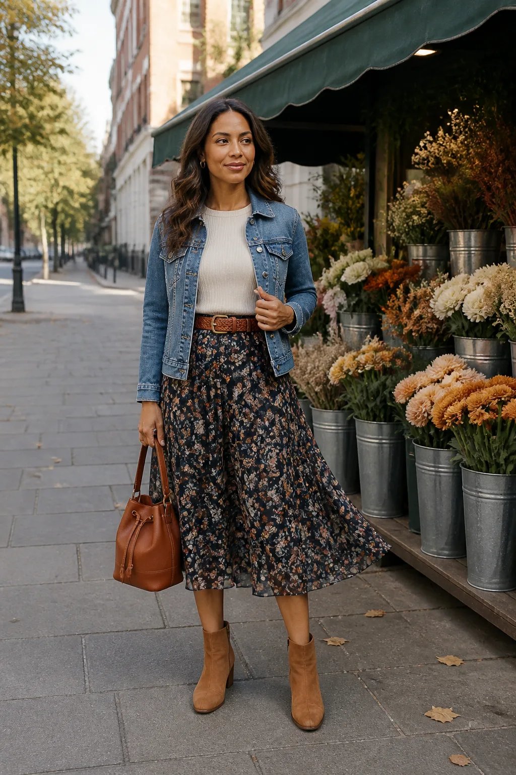 Floral Midi Skirt, Denim Jacket and Suede Boots