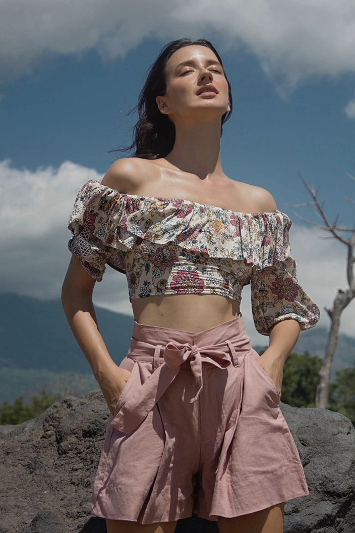 Floral Off-Shoulder Crop Top + Pink High-Waisted Shorts