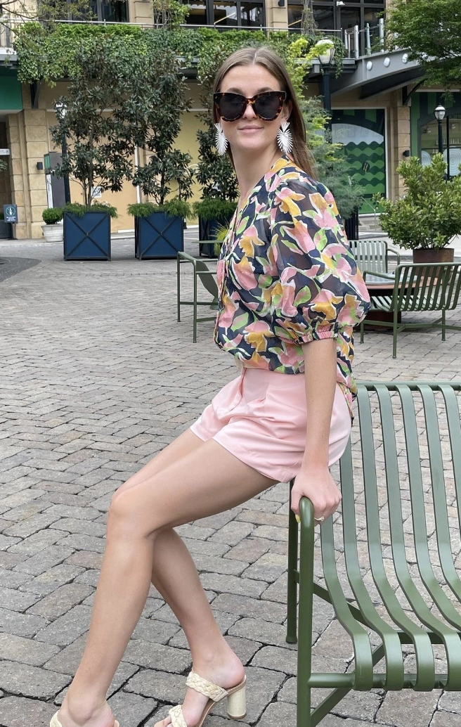 Floral Puff Sleeve Top + Light Pink Shorts + Beige Chunky Heels