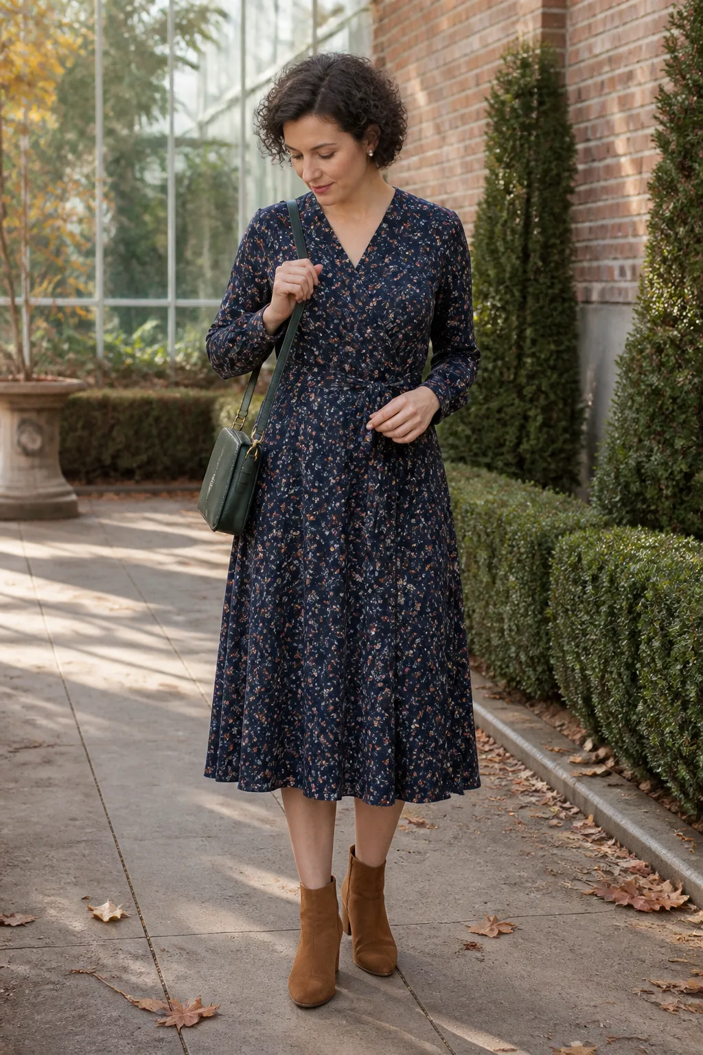 Floral Wrap Dress with Suede Boots