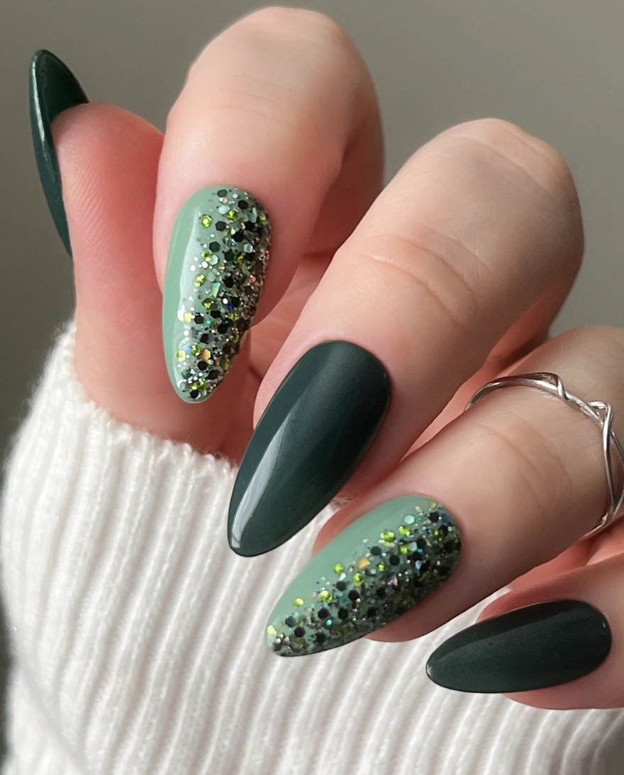 Forest Green Almond Nails with Chunky Glitter Accent