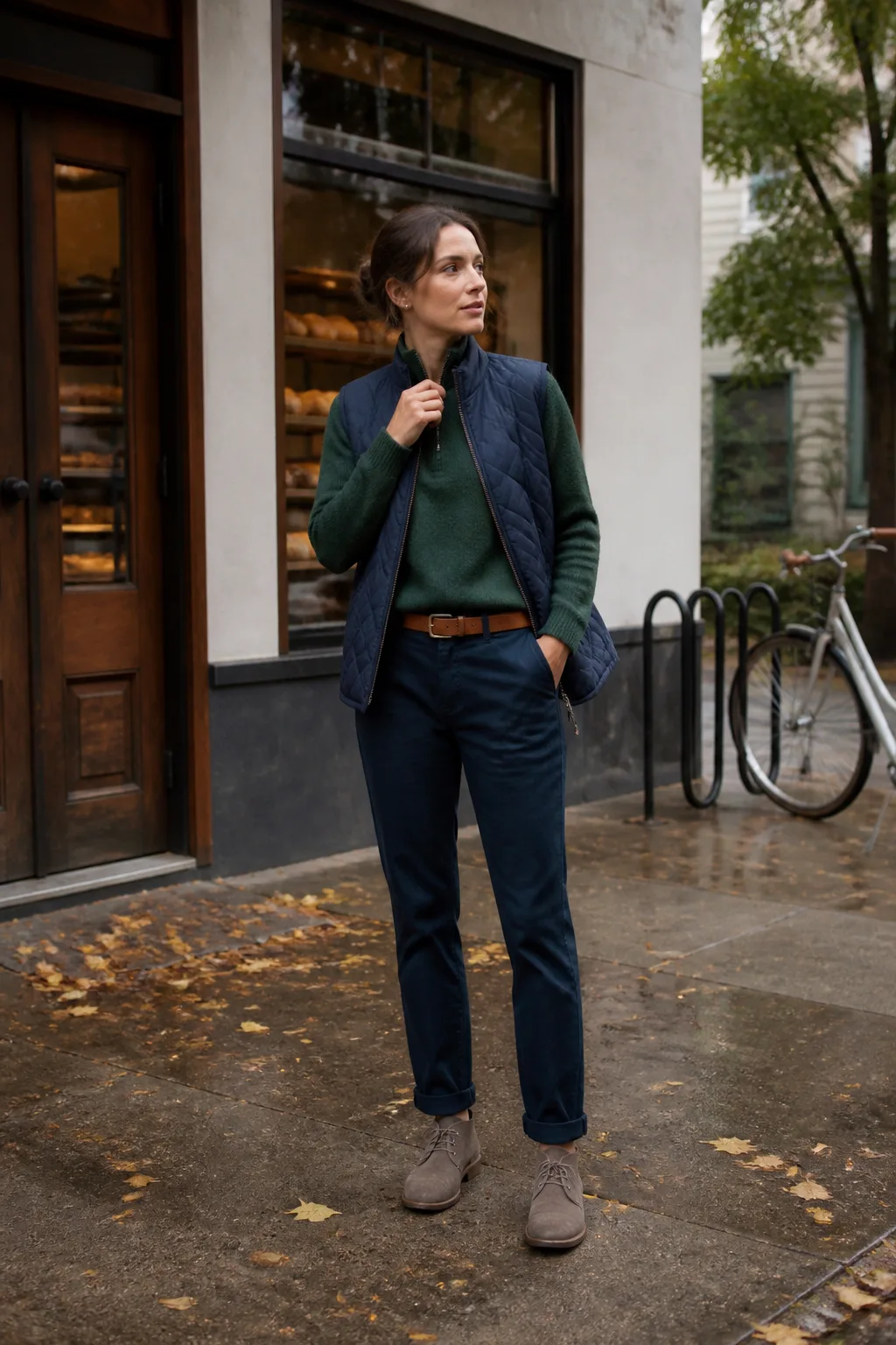 Forest Green Half-Zip Sweater with Navy Chinos