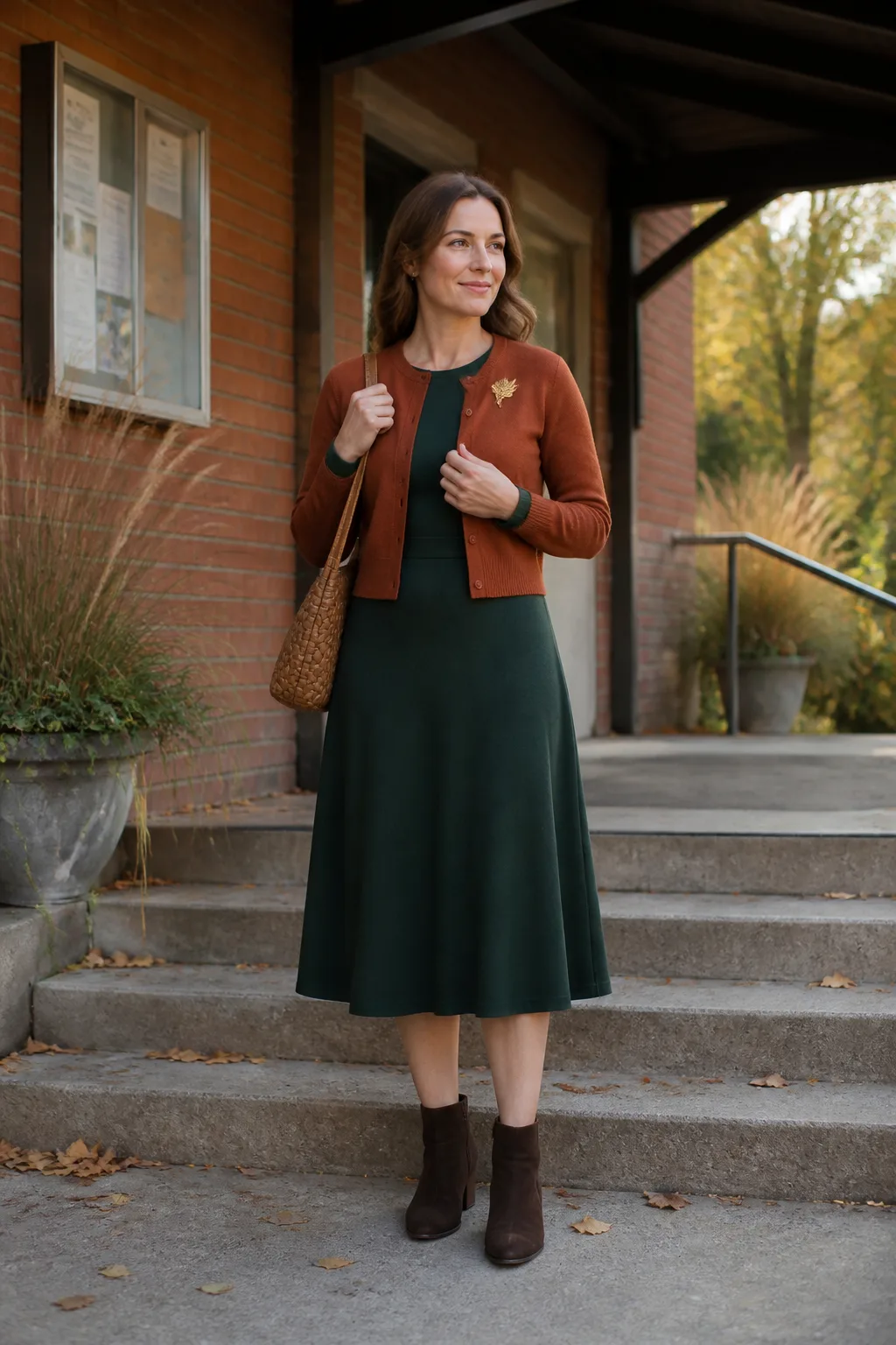 Forest Green Midi Dress, Cropped Cardigan, and Gold Leaf Brooch
