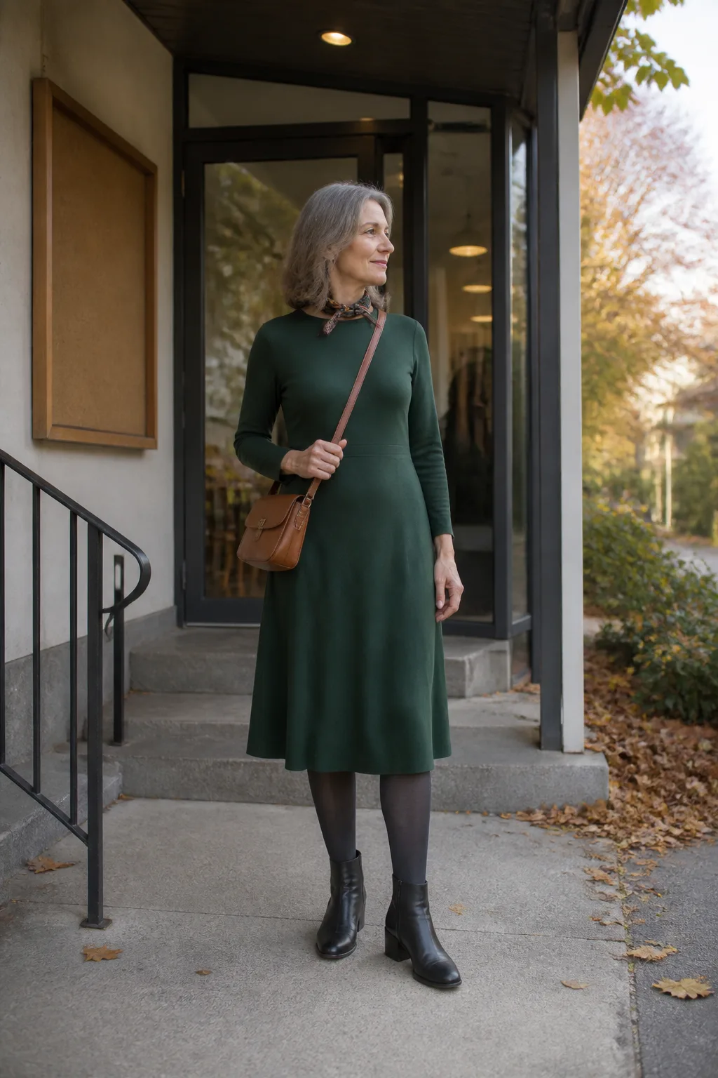 Forest Green Midi Dress with Ankle Boots