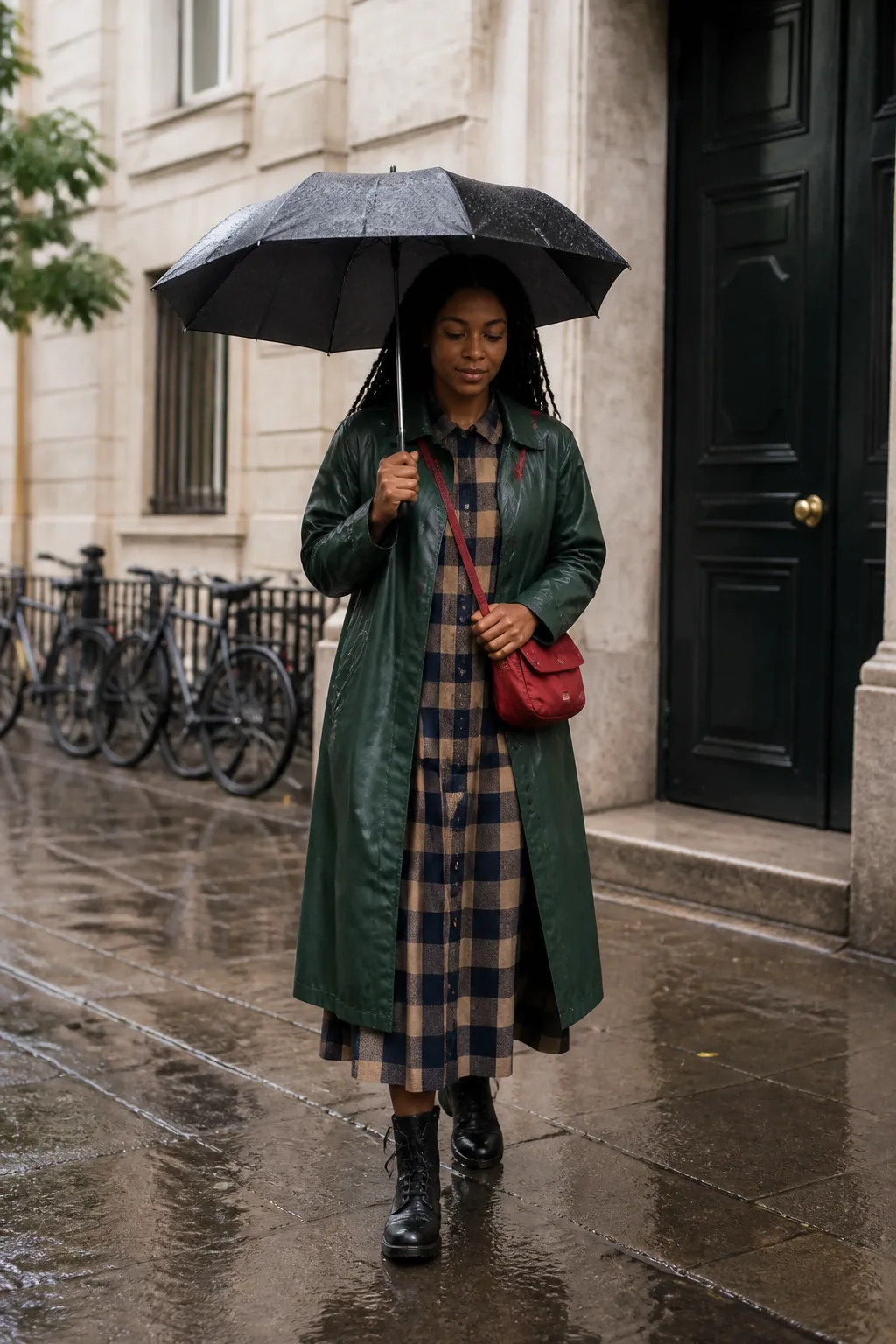 Forest Green Raincoat with Checked Dress