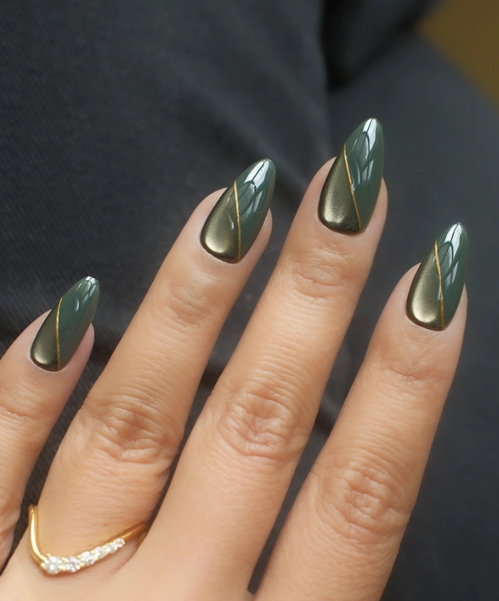 Forest Green Stiletto Nails with Golden Divide