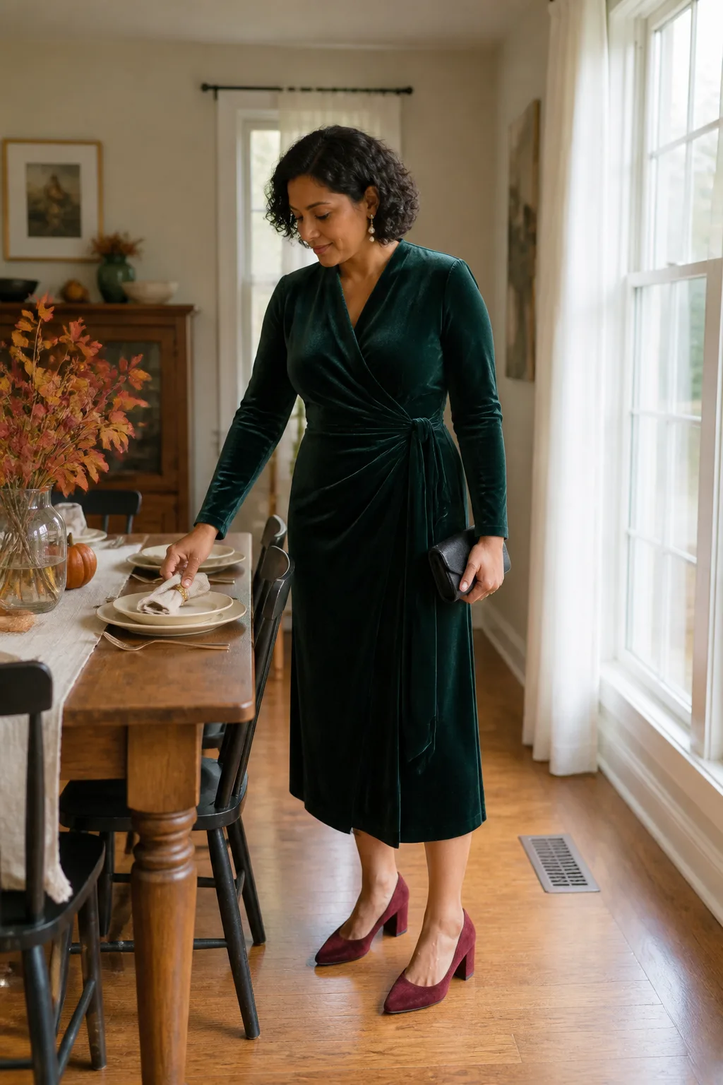 Forest Green Velvet Wrap Dress with Block Heels
