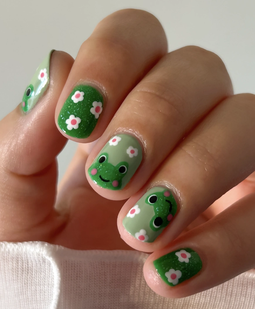 Froggy Florals Short Square Nails
