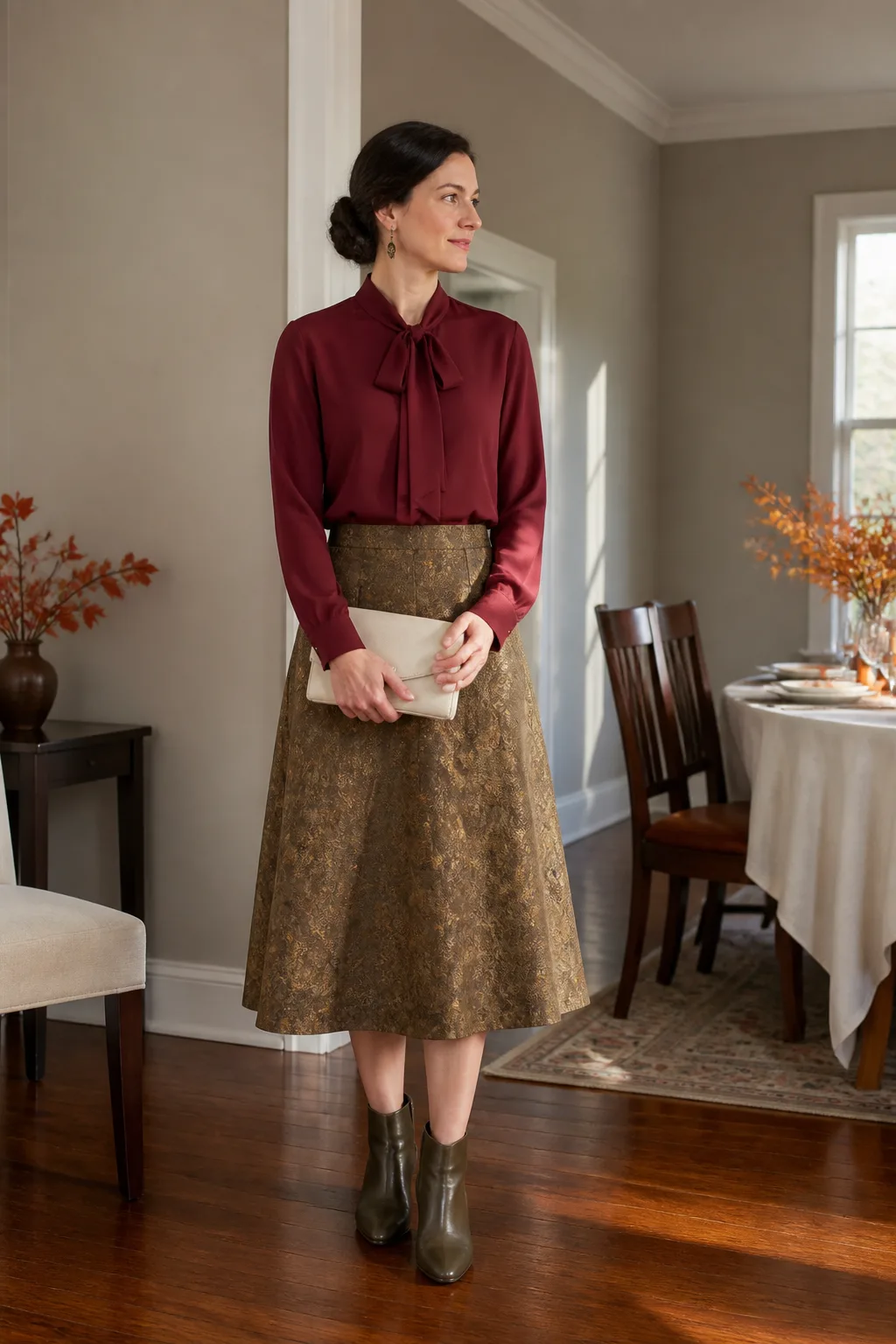 Garnet Blouse with Jacquard Midi Skirt