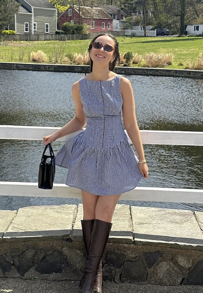 Gingham Dress + Knee High Boots + Structured Bag