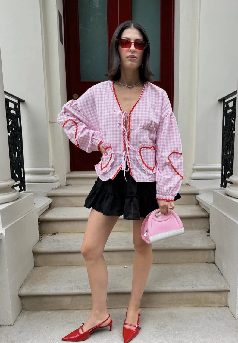 Gingham Tie-Front Top + Ruffled Mini Skirt + Red Slingbacks