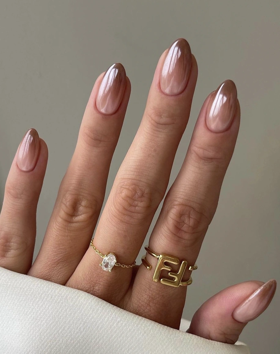 Glossy Brown Ombre Almond Nails