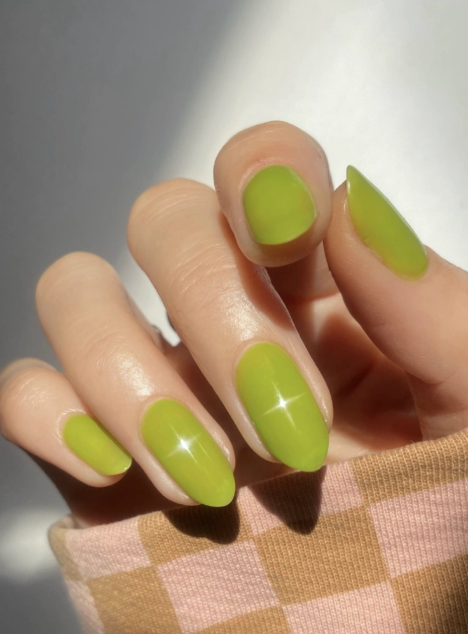 Glossy Olive Green Nails with Mixed Shape