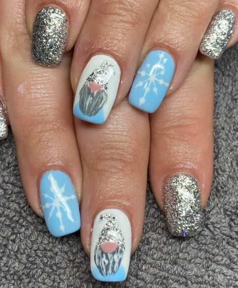 6- Gnome Nails With Snowflakes and Silver Glitter