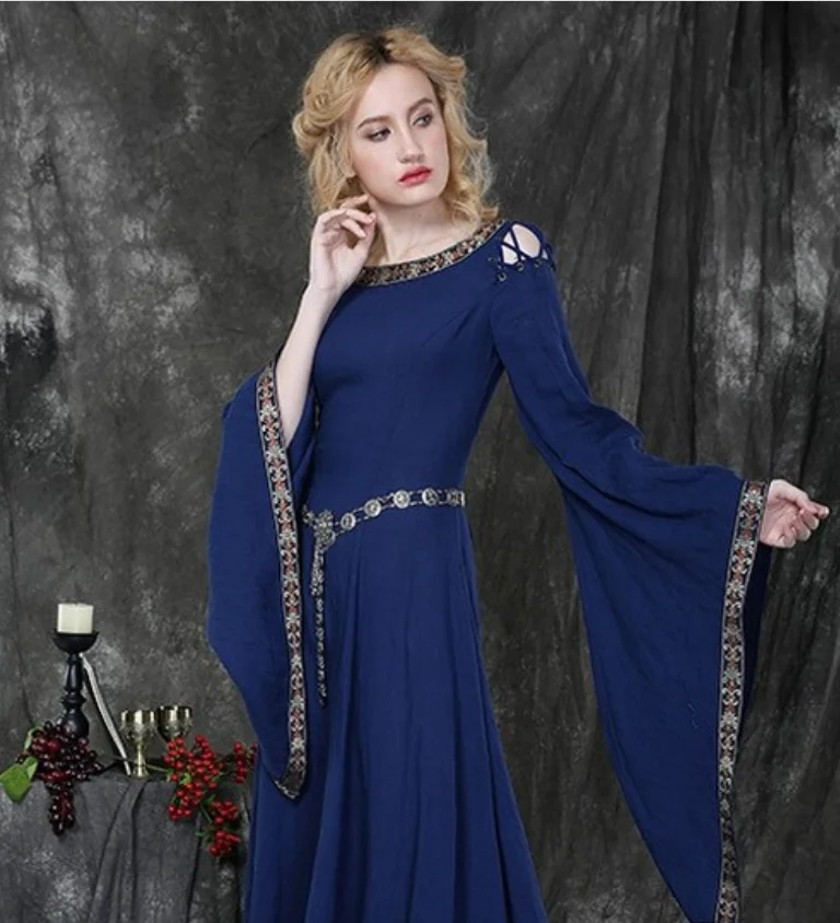 Graceful Sophistication: Embellished Blue Medieval Dress
