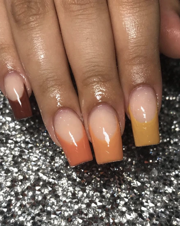 Gradient Square French Fall Nails with Warm Orange, Brown, and Yellow Tones
