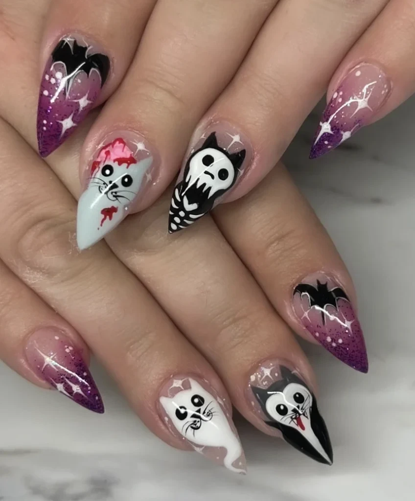 4- Gradient Stiletto Nails with Halloween Characters
