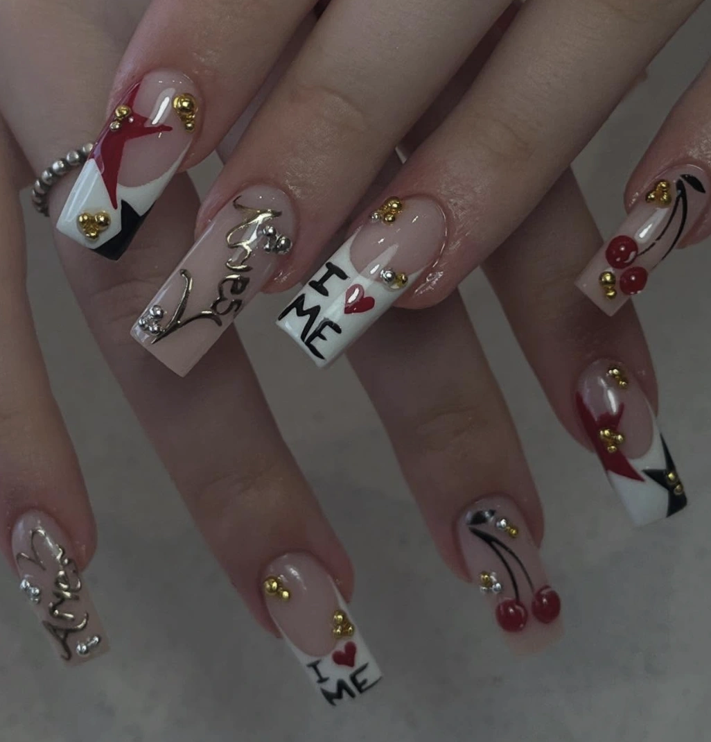 Graphic French Tips with 3D Embellishments and “Love Me” Accent