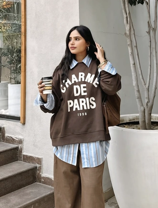 Graphic Sweatshirt + Striped Button-Up + Wide Leg Pants