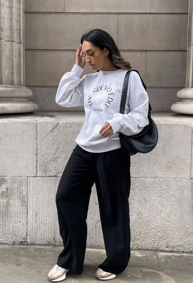 Graphic Sweatshirt + Wide Leg Trousers + Chunky Sneakers