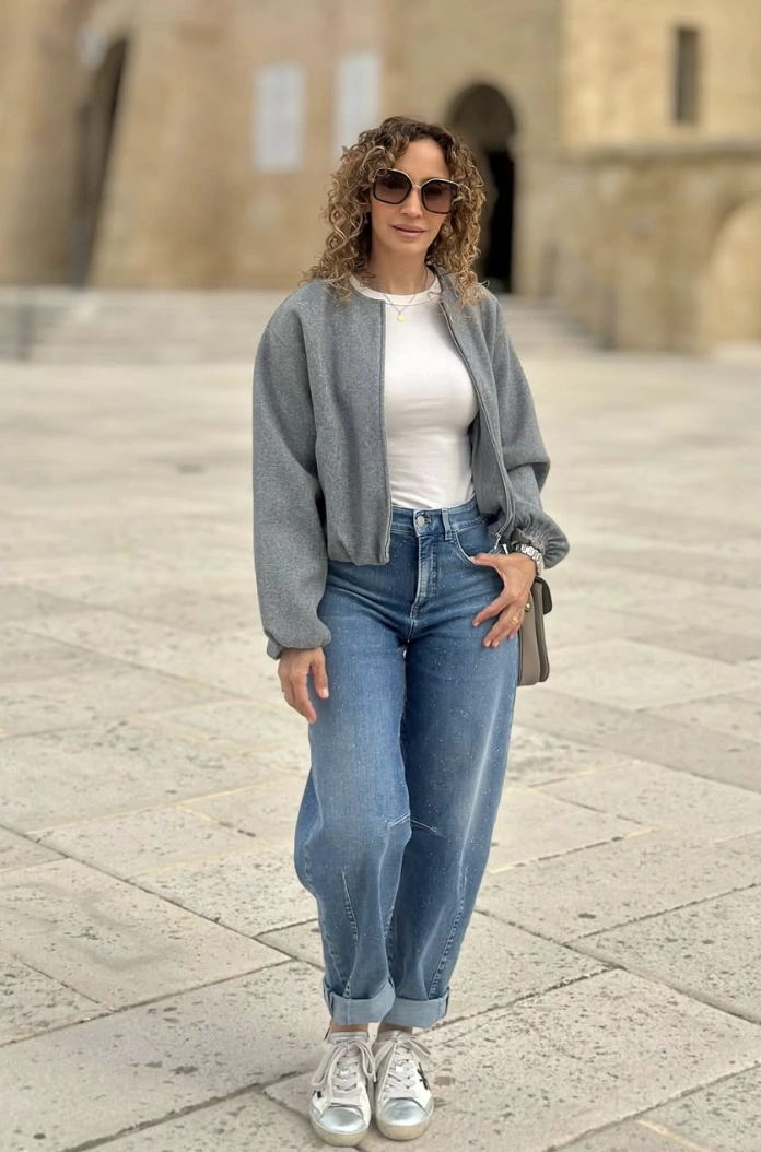 Gray Bomber Jacket + Distressed Denim + Silver Sneakers
