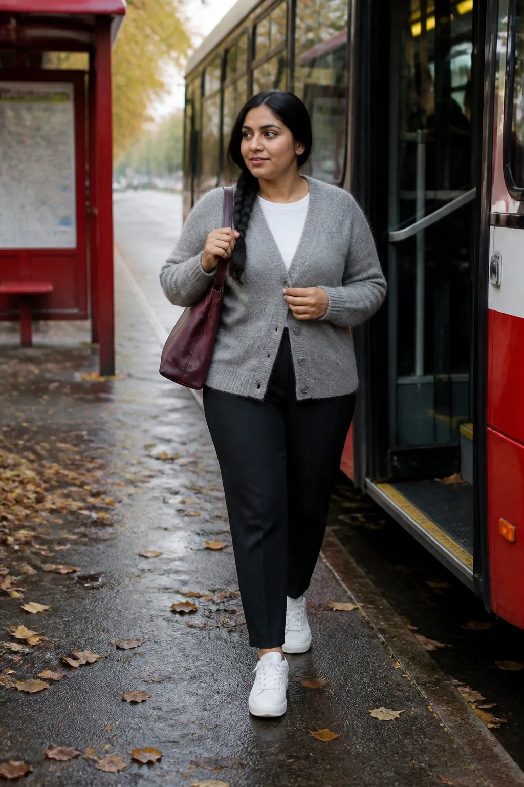 Gray Cardigan Sweater with Black Trousers