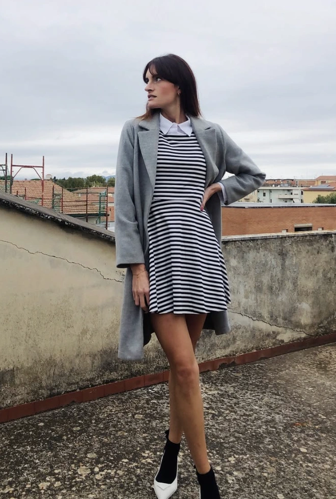 Gray Coat + Striped Dress + Sock Boots