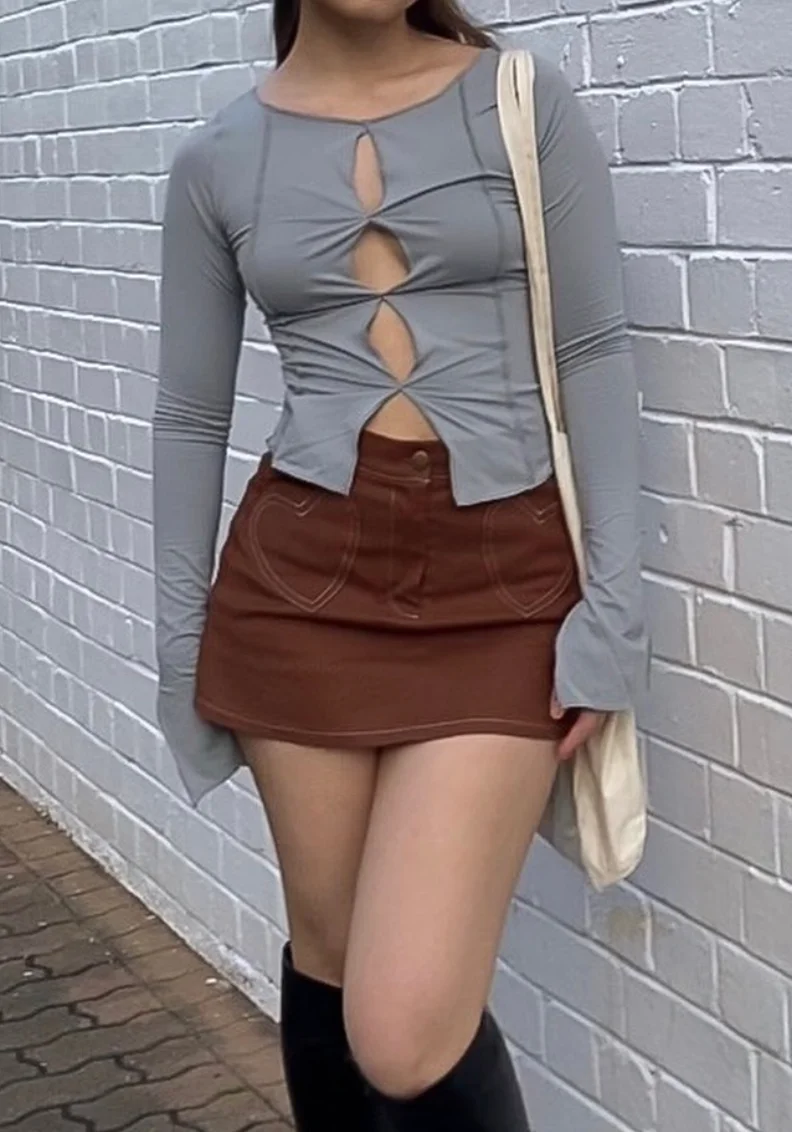 Gray Cutout Long Sleeve Top + Brown Denim Mini Skirt + Black Knee High Boots