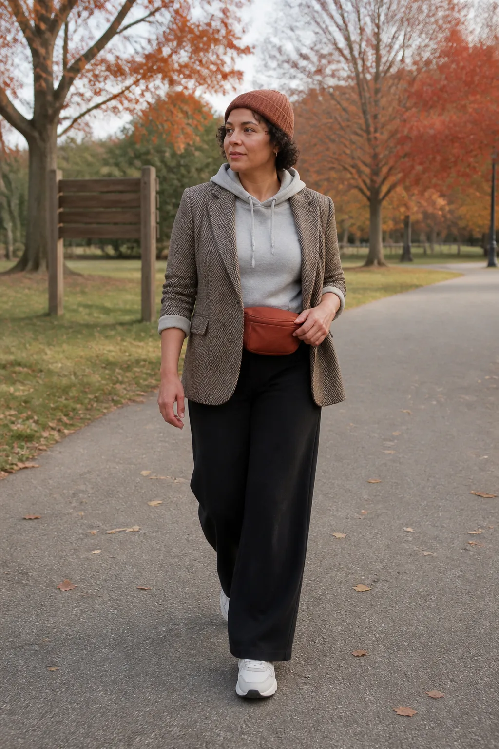 Gray Hoodie, Herringbone Blazer, and Wide-Leg Pants