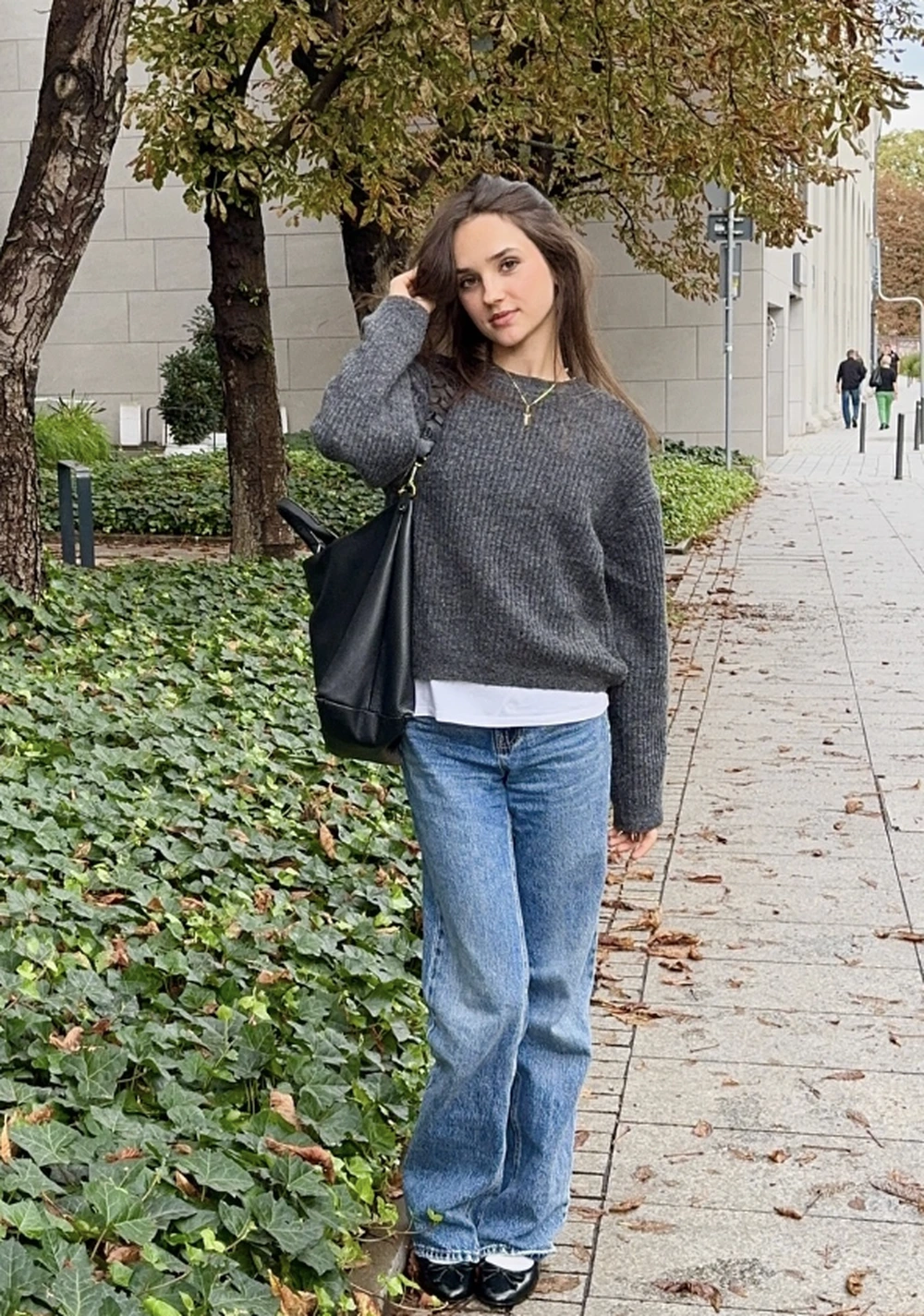Gray Knit Sweater + Blue Jeans + Black Tote