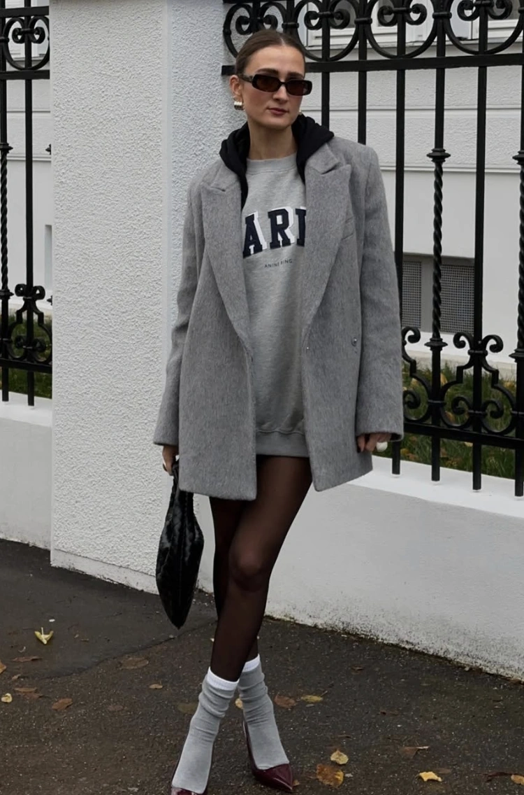 Gray Oversized Coat + Graphic Sweatshirt + Tights + Sock Heels
