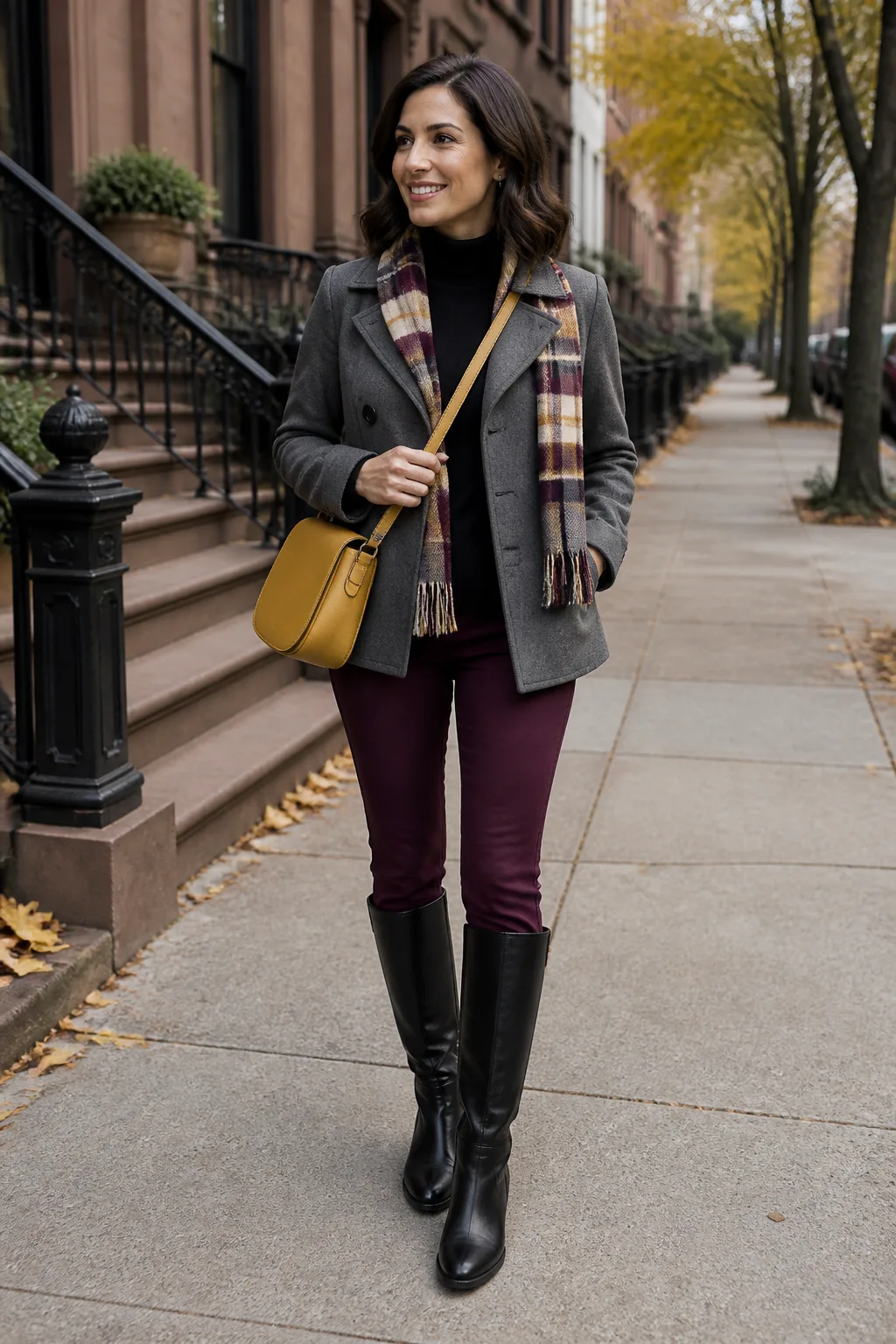 Gray Peacoat with Plum Trousers