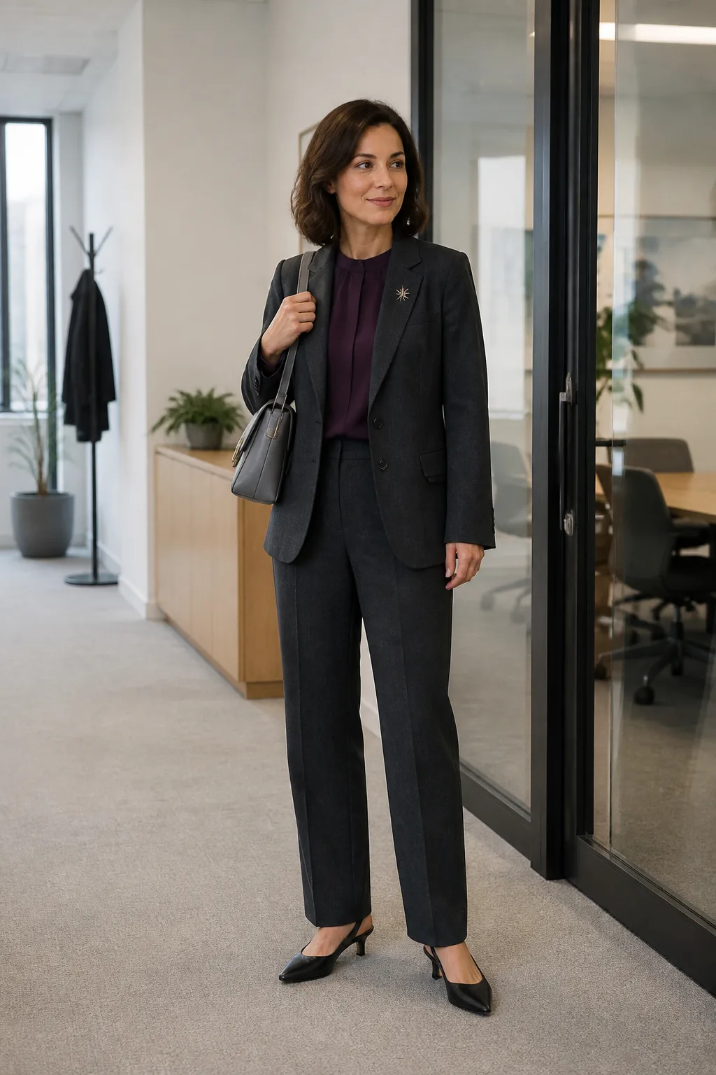 Gray Suit, Plum Blouse, and Crystal Star Brooch