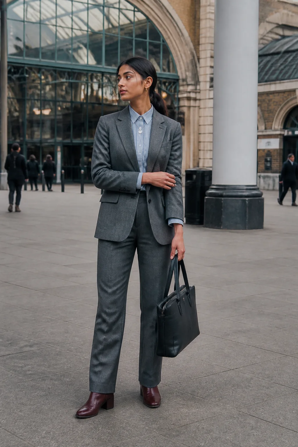 Gray Suit, Striped Shirt and Burgundy Boots