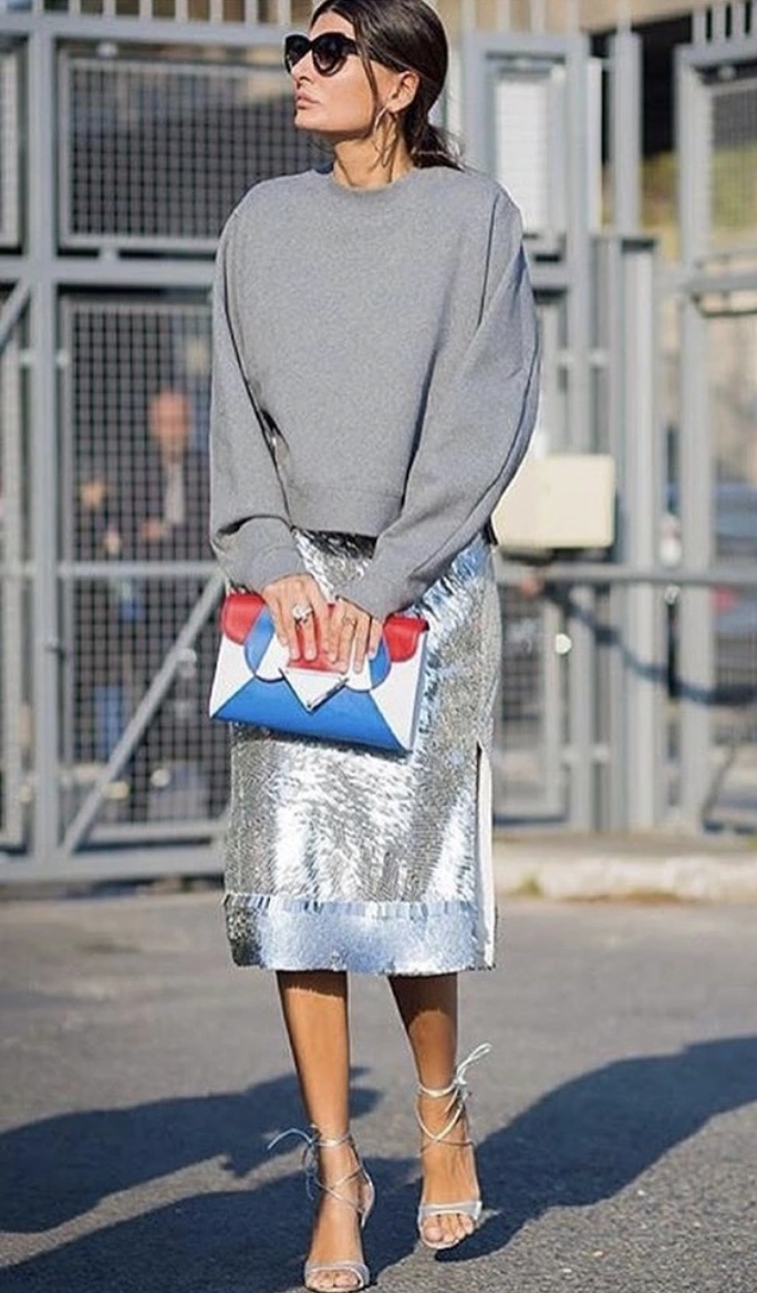 Gray Sweatshirt + Sequin Skirt + Strappy Heels