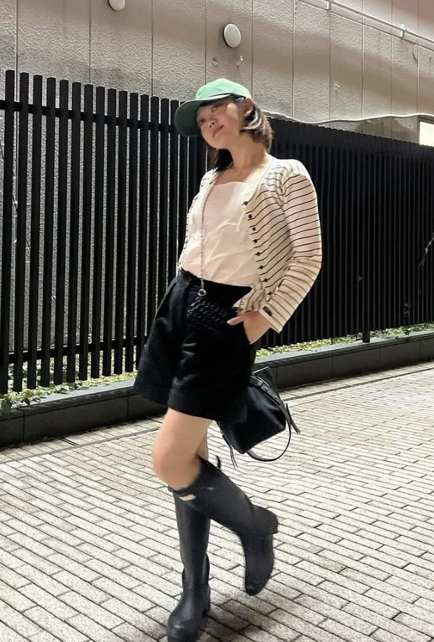 Green Baseball Cap + Striped Cardigan + Black Rainboots