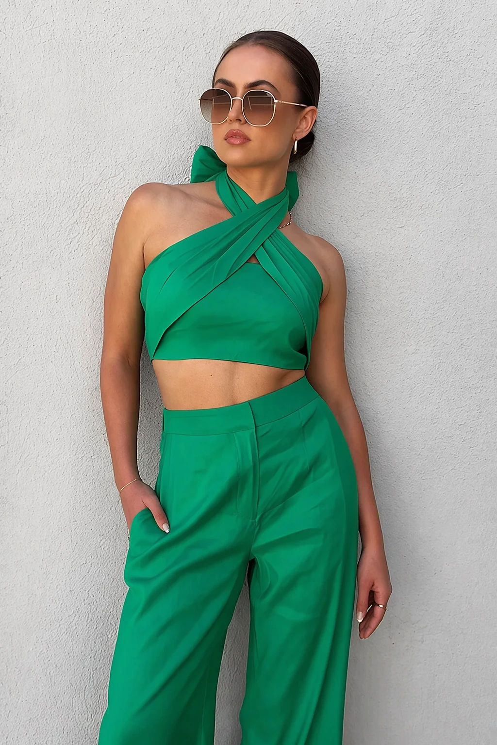 Green Halter Top + High-Waisted Wide Leg Green Trousers