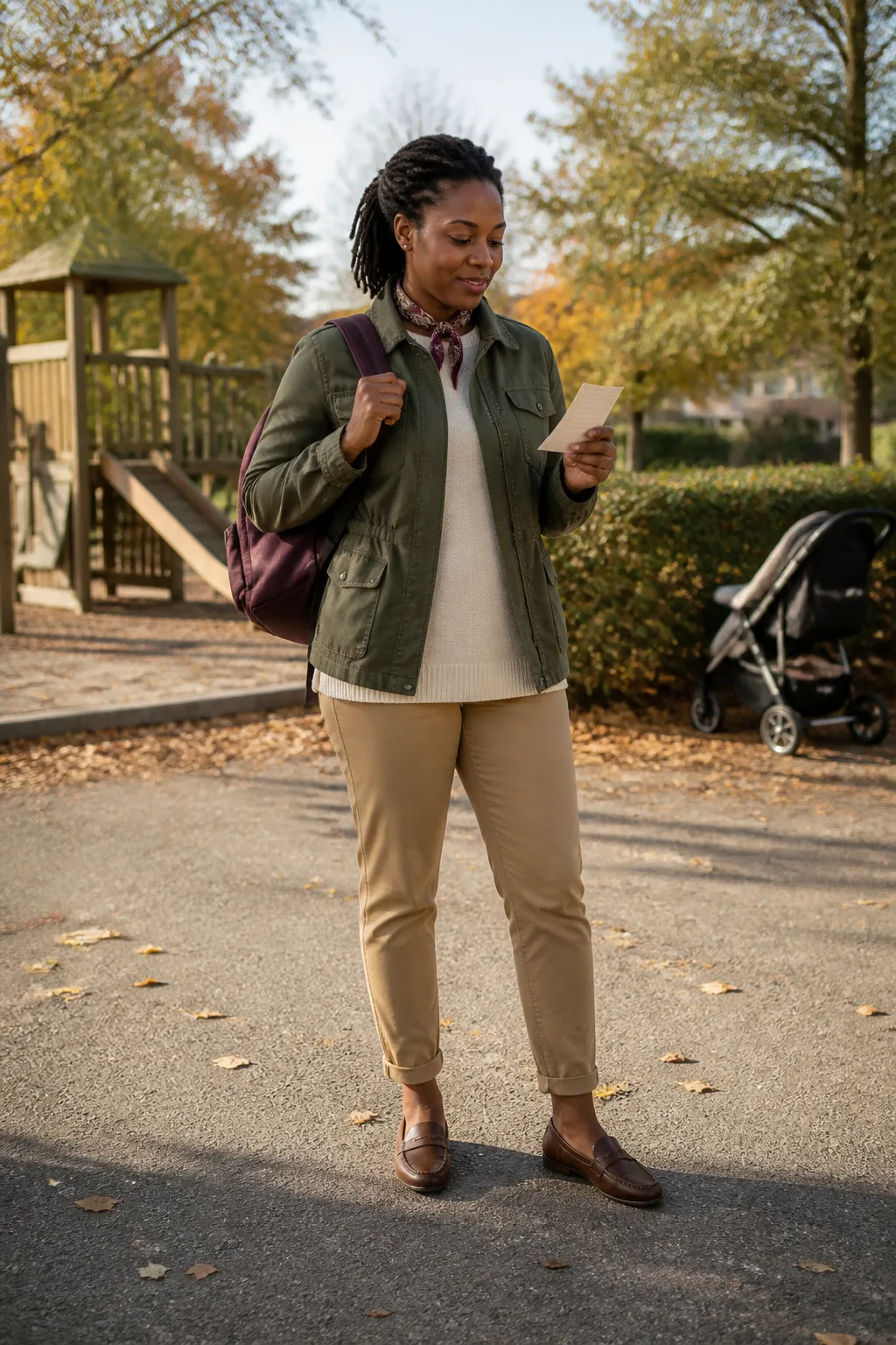 Green Utility Jacket, Ivory Knit, and Tan Chinos