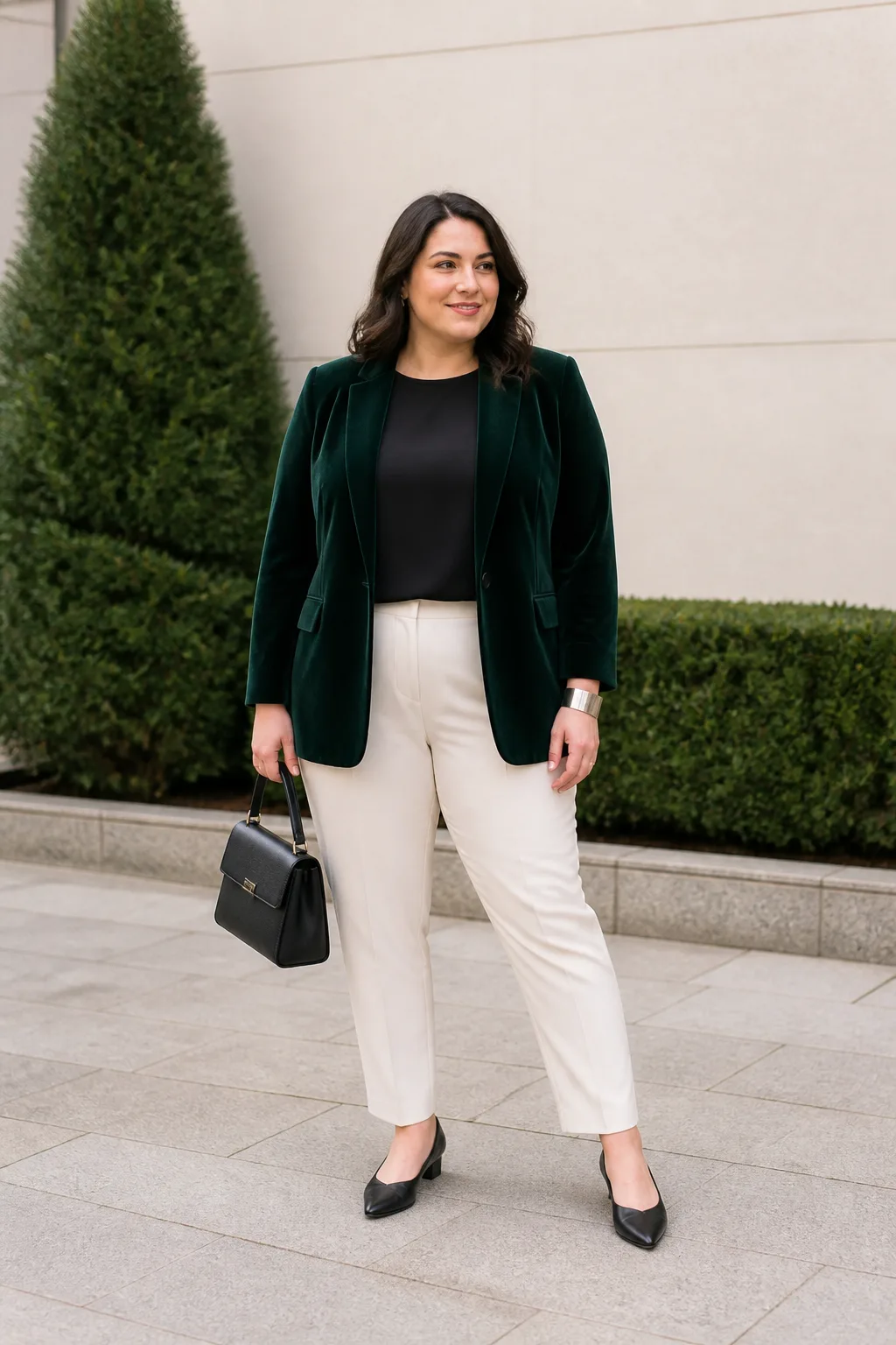 Green Velvet Blazer with Ivory Trousers
