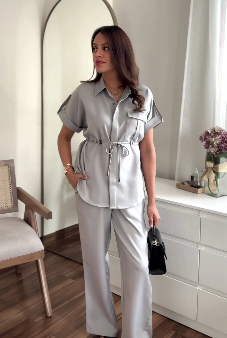Grey Button-Up Shirt + Wide Leg Trousers