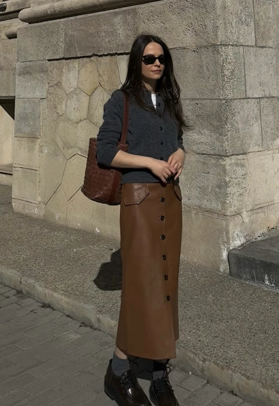 Grey Cardigan + Brown Leather Button-Up Skirt + Black Lace-Up Boots
