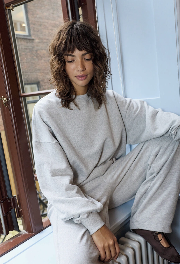 Grey Crew Neck Sweatshirt + Grey Wide Leg Sweatpants + Brown Mary Janes
