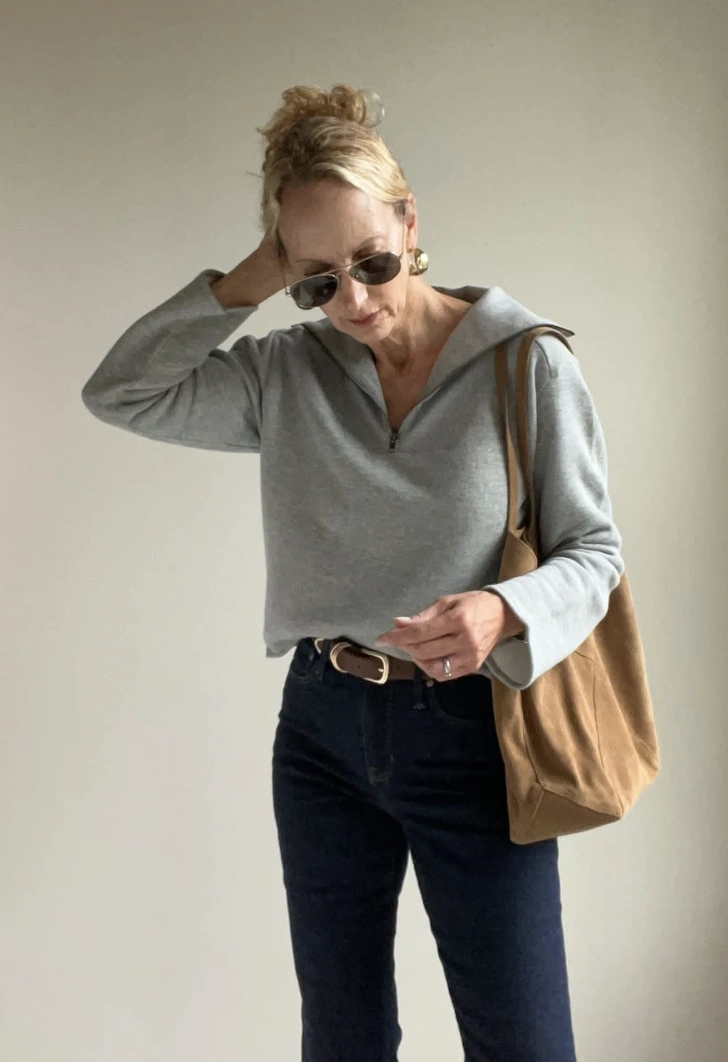 Grey Pullover Sweatshirt + Dark Denim + Suede Tote