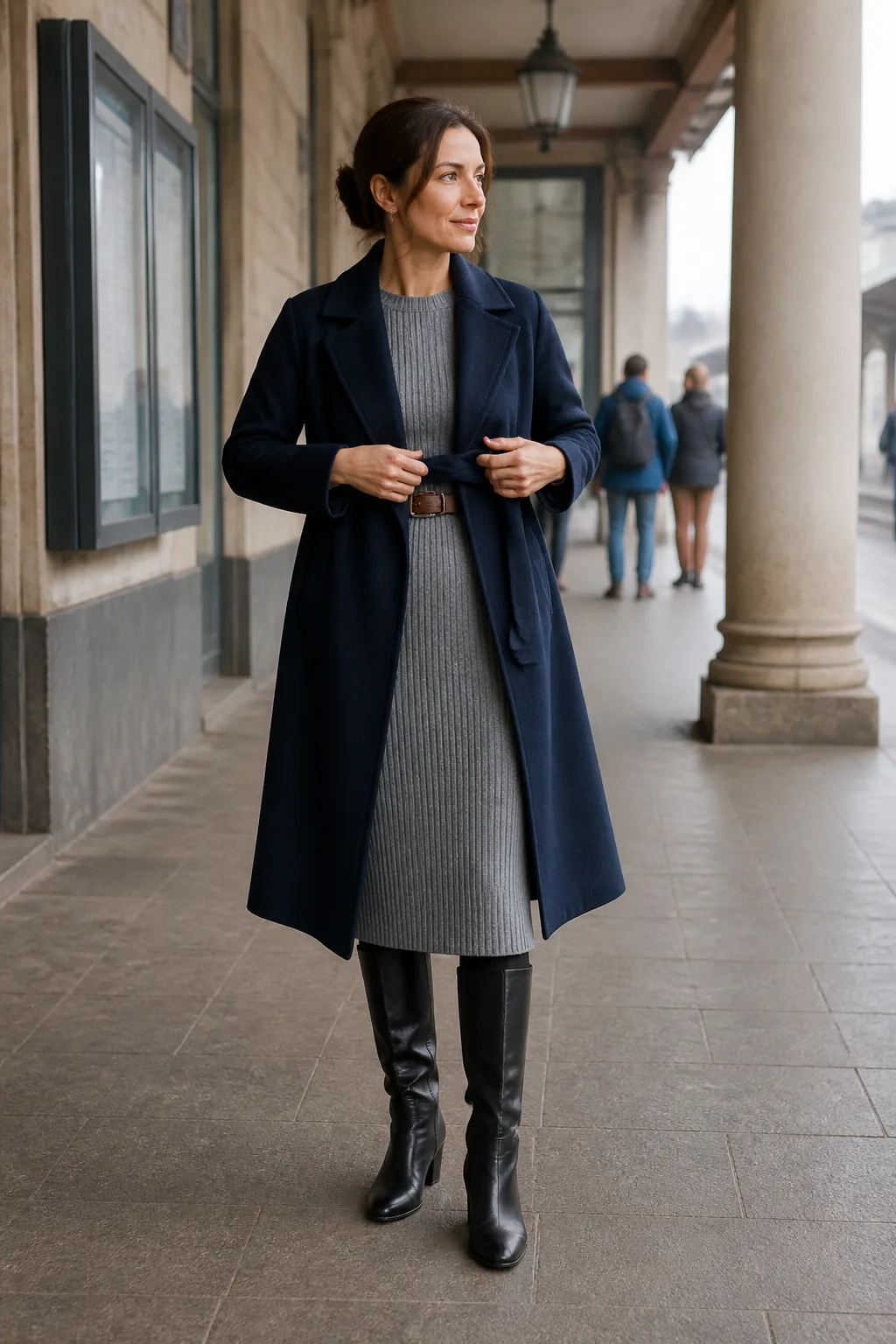 Heather Gray Sweater Dress with Tall Boots