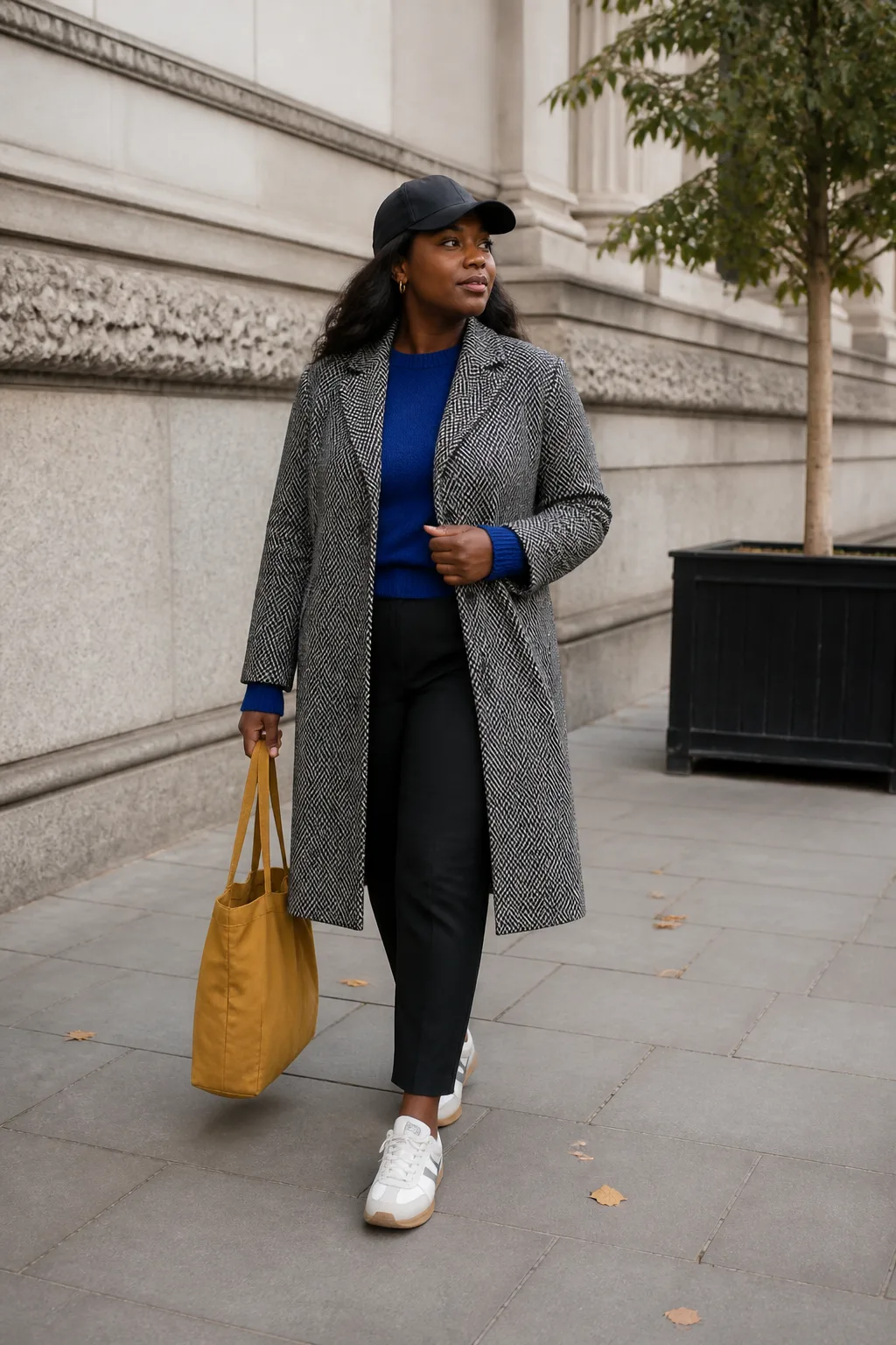 Herringbone Coat, Black Trousers and White Trainers